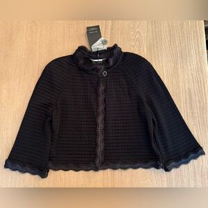 St. John Couture Black Wool Blend Textured Jacket Ruffle Trim Size 8 NWT